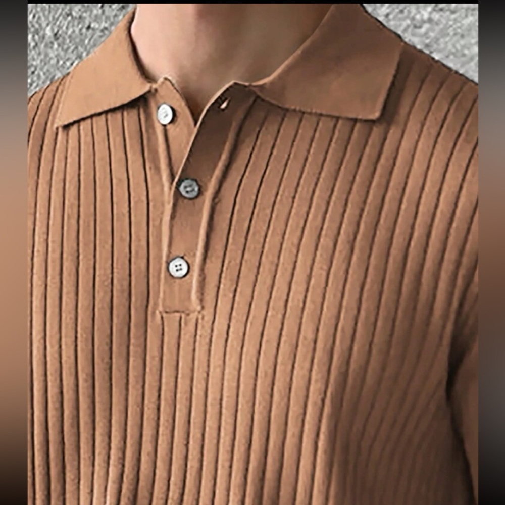 Brown / tan Men’s button v neck collared polo short sleeve rib knit shirt - Picture 4 of 4